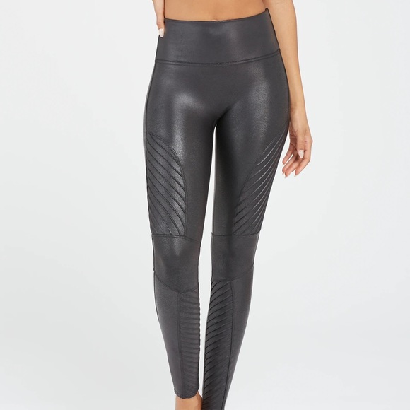 SPANX- Faux Leather Moto Leggings, Black, Size L - Picture 5 of 7